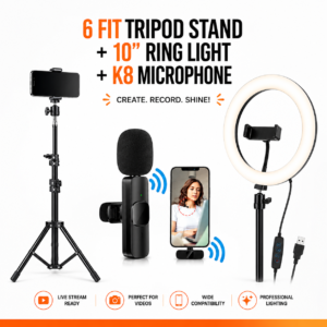 creator starter kit with 10-inch ring light, tripod stand and K8 wireless microphone