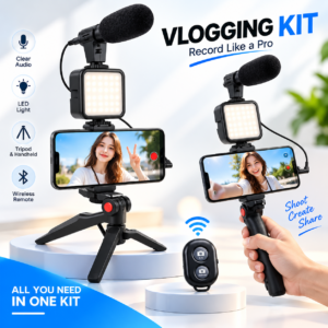 3-in-1 smartphone vlogging kit with microphone, LED light and mini tripod