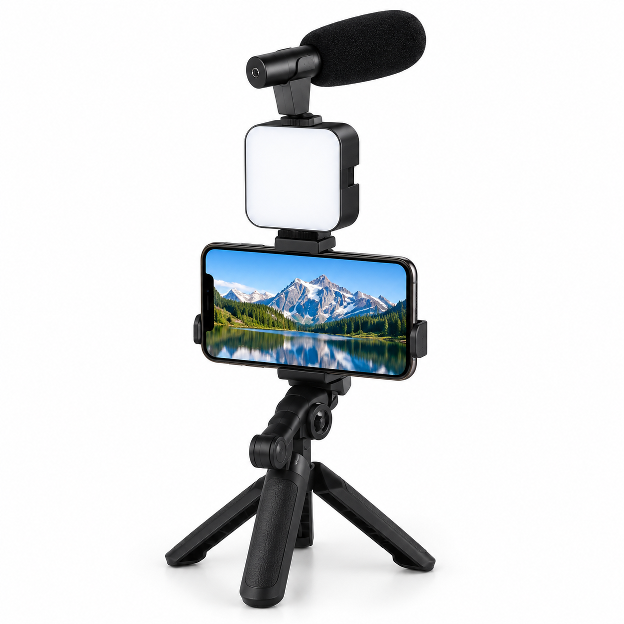 3-in-1 smartphone vlogging kit with microphone, LED light and mini tripod