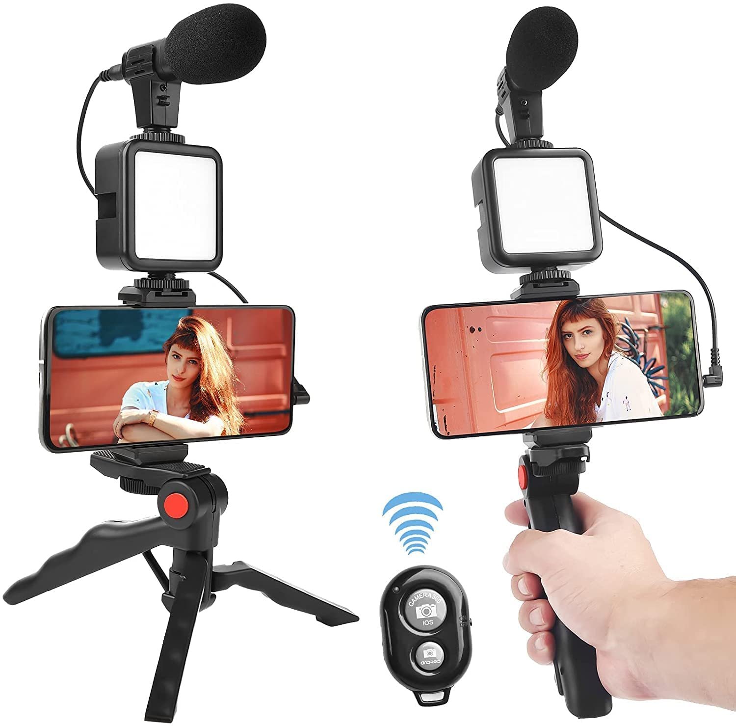 3-in-1 smartphone vlogging kit with microphone, LED light and mini tripod