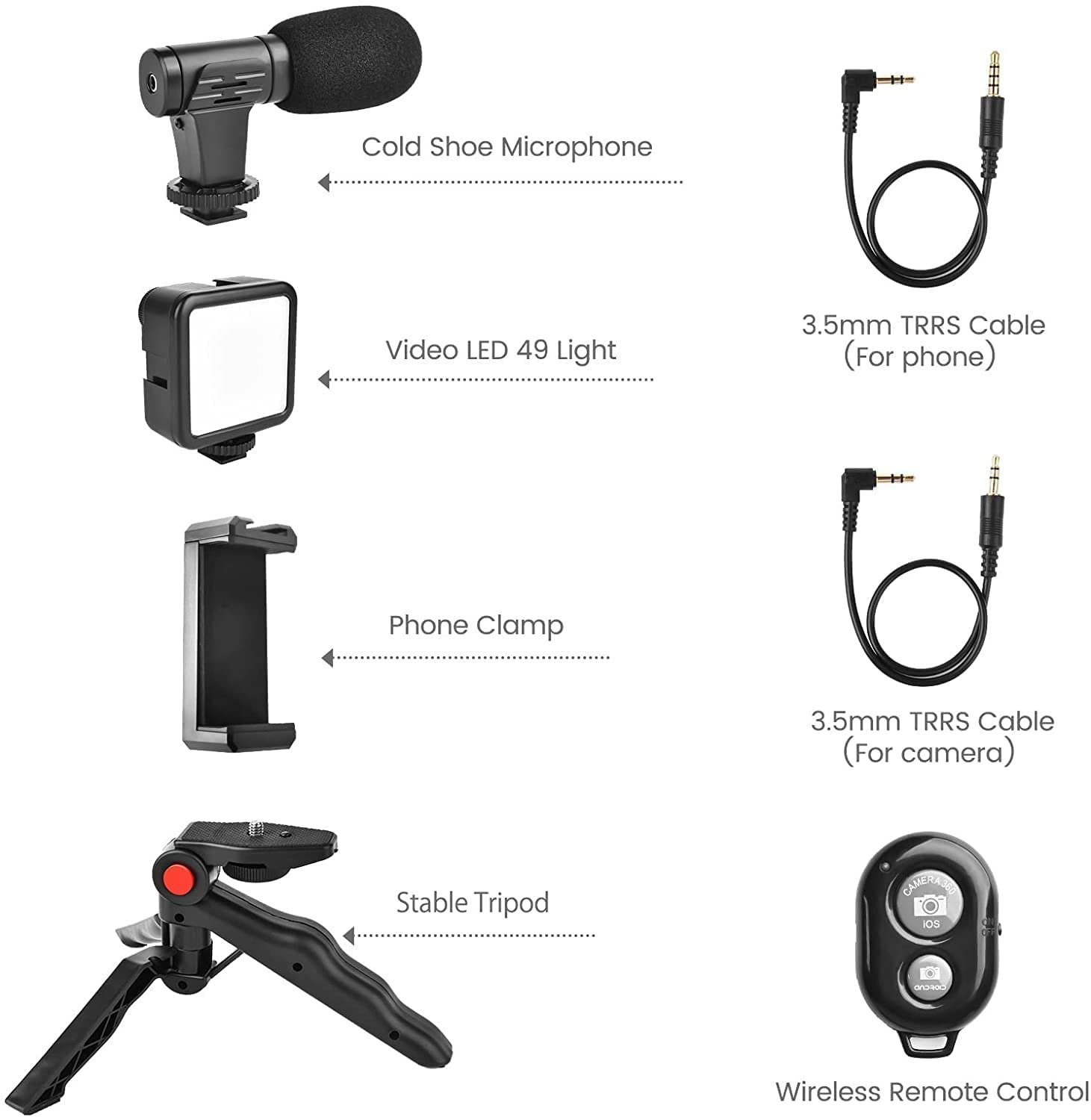3-in-1 smartphone vlogging kit with microphone, LED light and mini tripod