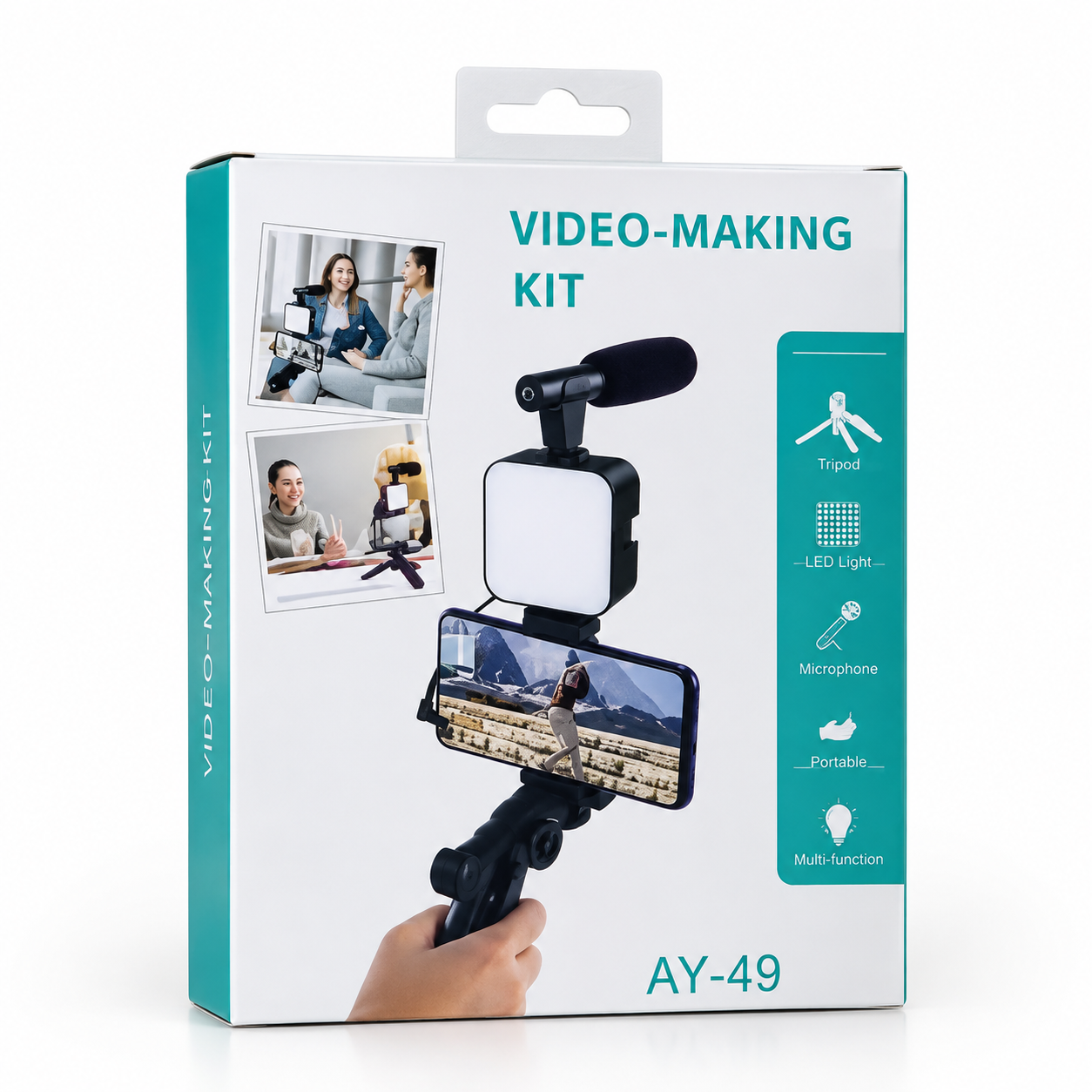 3-in-1 smartphone vlogging kit with microphone, LED light and mini tripod