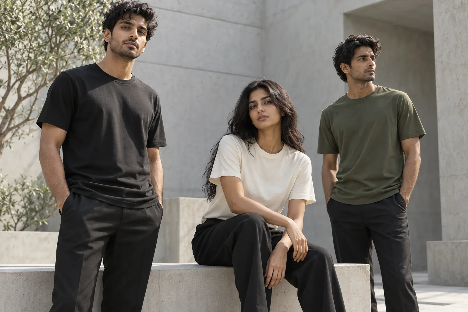 AI concept image of three adults wearing black, ivory and olive T-shirts in a concrete courtyard